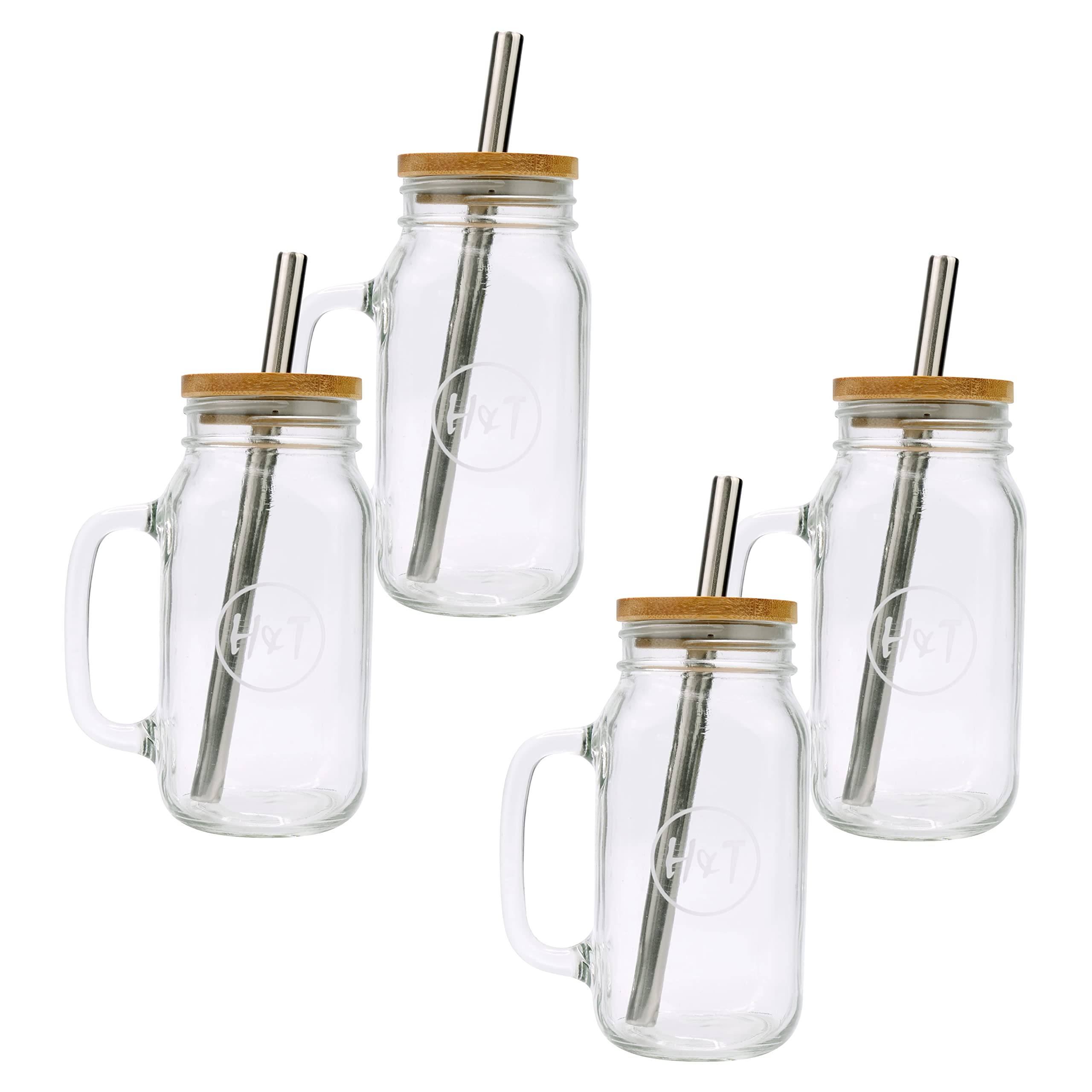 H&T Designs 4 Pack Mason Jar Cup/Mug with Handle and Bamboo Lid Stainless Steel Straw - 24 OZ Mason Jar Regular Mouth - Coffee/Smoothie/Drinking Glass