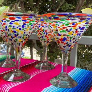 Mexican Hand Blown Glass – Set of 4 Hand Blown Modern Margarita Glasses - Confetti Rock (12 oz)