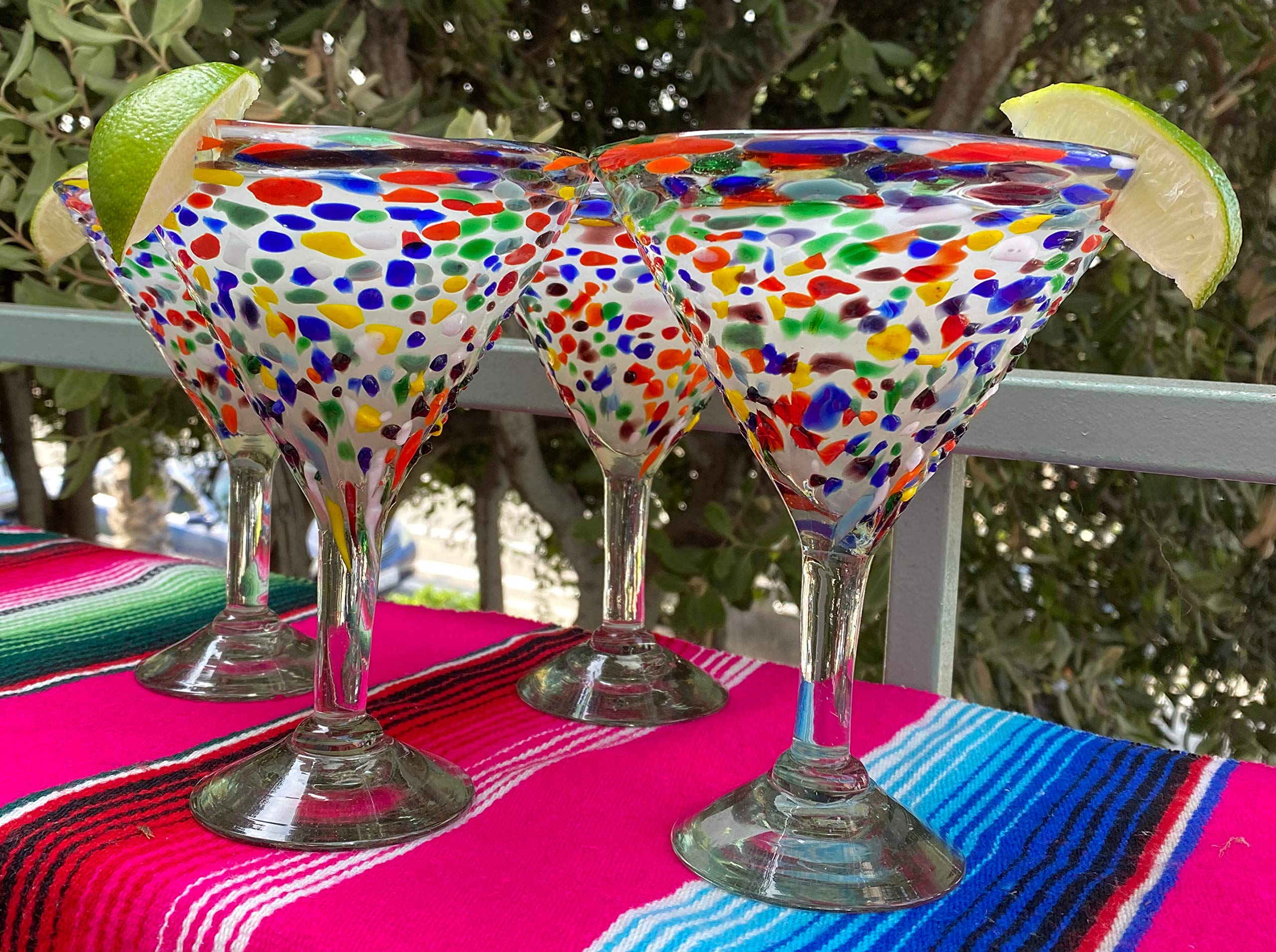 Mexican Hand Blown Glass – Set of 4 Hand Blown Modern Margarita Glasses - Confetti Rock (12 oz)