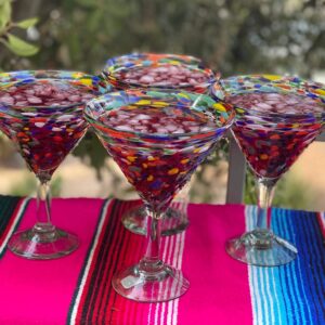 Mexican Hand Blown Glass – Set of 4 Hand Blown Modern Margarita Glasses - Confetti Rock (12 oz)