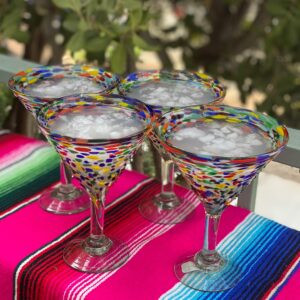 Mexican Hand Blown Glass – Set of 4 Hand Blown Modern Margarita Glasses - Confetti Rock (12 oz)