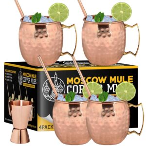 gold armour moscow mule copper mugs - set of 4-100% handcrafted solid copper mugs, gift set with 4 copper straws and jigger