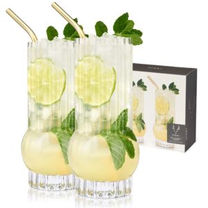 viski zenith deco crystal tumbler set of 2 - premium crystal clear drinking glass, stylish highball cocktail glassware gift set, 13 oz