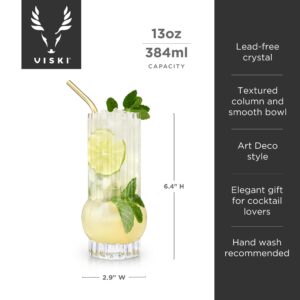 Viski Zenith Deco Crystal Tumbler Set of 2 - Premium Crystal Clear Drinking Glass, Stylish Highball Cocktail Glassware Gift Set, 13 oz