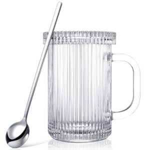 hoolerry 14 oz clear glass mug with lid and spoon classical vertical stripe tea mug ribbed iced coffee cup glass coffee mug clear coffee mug for milk latte water chocolate juice for birthday christmas