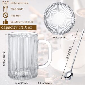 Hoolerry 14 oz Clear Glass Mug with Lid and Spoon Classical Vertical Stripe Tea Mug Ribbed Iced Coffee Cup Glass Coffee Mug Clear Coffee Mug for Milk Latte Water Chocolate Juice for Birthday Christmas