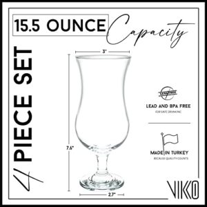 Vikko Hurricane Glasses, Set of 4 Pina Colada Glasses, 13.25 Ounce Cocktails Glasses Set, Durable Dishwasher Safe Party Glass