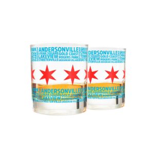 greenline goods whiskey glasses - 10 oz tumbler set for chicago lovers, chicago flag & neighborhoods | old fashioned rocks glass - set of 2