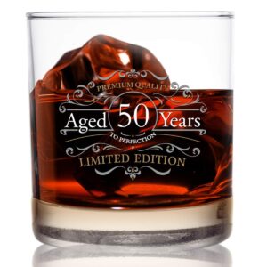 vintage edition birthday whiskey scotch glass (50th anniversary) 11 oz- vintage happy birthday old fashioned whiskey glasses for 50 year old- classic lowball rocks glass- birthday, reunion gift