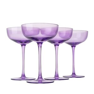 the wine savant colored coupe glass | 7oz | set of 4 colorful champagne & cocktail glasses, fancy manhattan, crystal martini, cocktails set, margarita bar glassware gift, vintage (lavender purple)