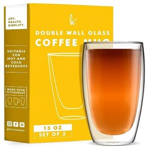 kitchables double walled glass coffee mugs set of 2, 15oz insulated glass coffee mugs for cappuccino, latte, tea, espresso - latte cup - tazas para cafe