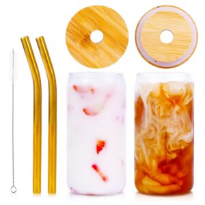 vikeyhome 4 pack drinking glasses, can-shaped glass cups with bamboo lids and gold stainless steel straws, 16 oz beer glasses, iced coffee glasses, cute tumbler for jam, juices and cocktail