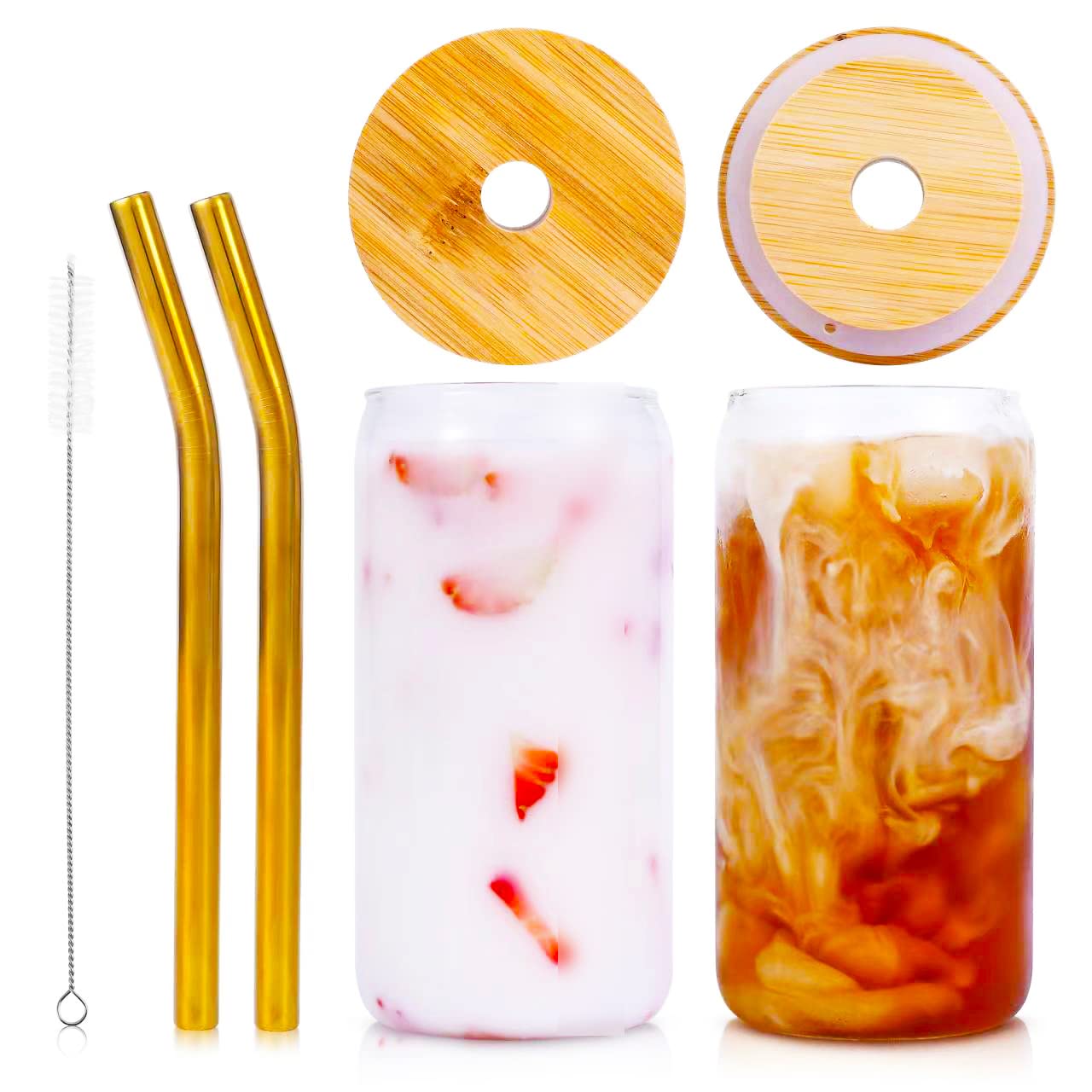 VIKEYHOME 4 Pack Drinking Glasses, Can-shaped Glass Cups with Bamboo Lids and Gold Stainless Steel Straws, 16 oz Beer Glasses, Iced Coffee Glasses, Cute Tumbler for Jam, Juices and Cocktail