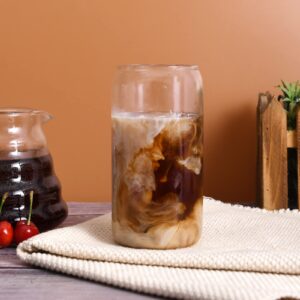 VIKEYHOME 4 Pack Drinking Glasses, Can-shaped Glass Cups with Bamboo Lids and Gold Stainless Steel Straws, 16 oz Beer Glasses, Iced Coffee Glasses, Cute Tumbler for Jam, Juices and Cocktail