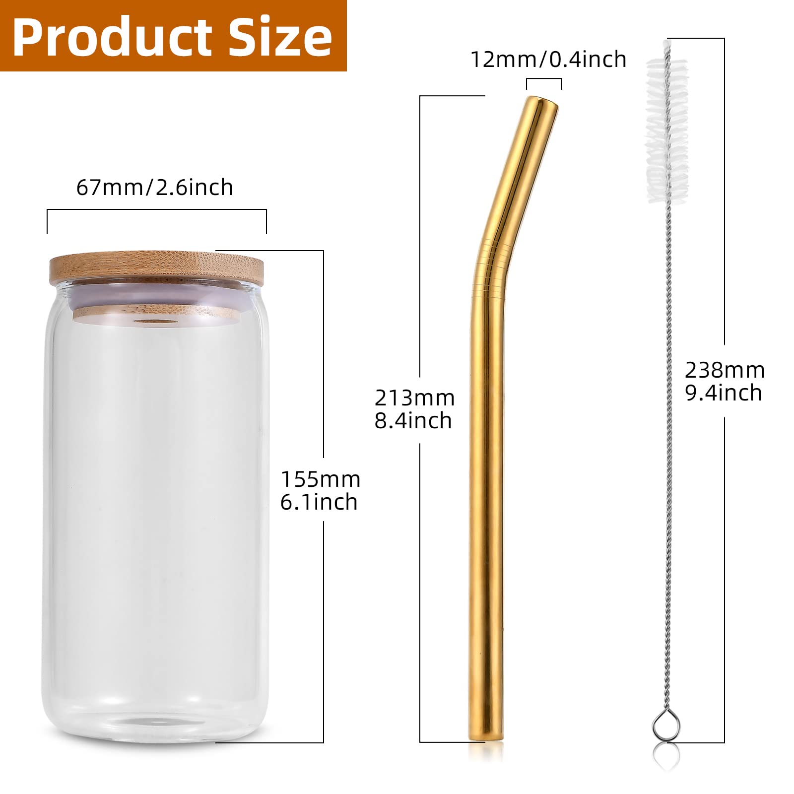 VIKEYHOME 4 Pack Drinking Glasses, Can-shaped Glass Cups with Bamboo Lids and Gold Stainless Steel Straws, 16 oz Beer Glasses, Iced Coffee Glasses, Cute Tumbler for Jam, Juices and Cocktail