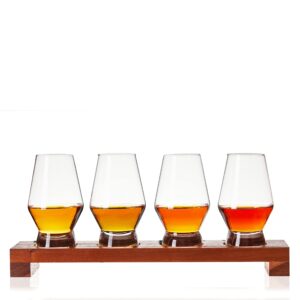 viski spirit tasting flight kit, crystal liquor glasses with wooden serving tray for whiskey, brandy, set of 4 8 oz. footed scotch tumblers, 1 board, set of 5, clear