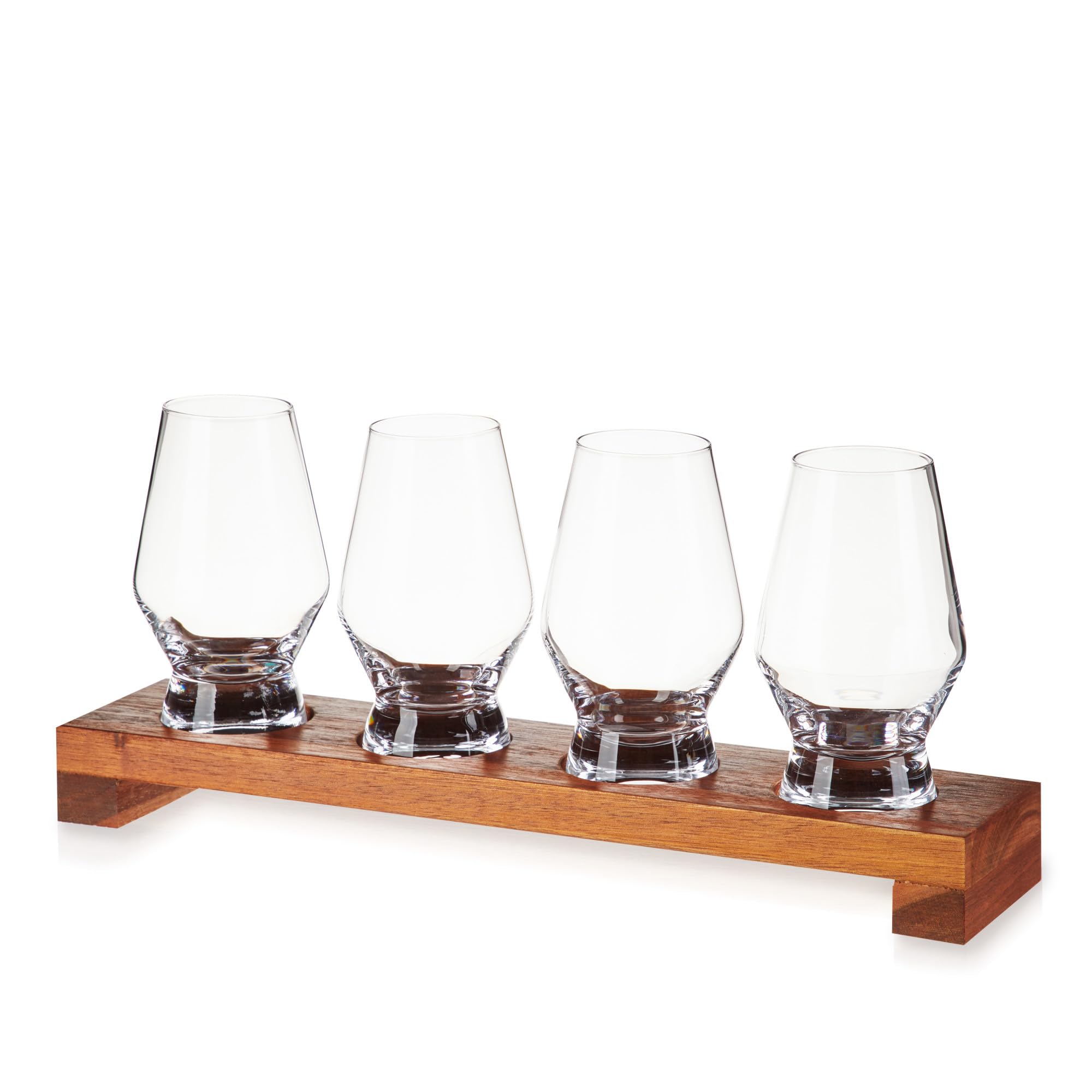 Viski Spirit Tasting Flight Kit, Crystal Liquor Glasses with Wooden Serving Tray for Whiskey, Brandy, Set of 4 8 oz. Footed Scotch Tumblers, 1 Board, Set of 5, Clear