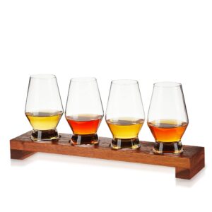 Viski Spirit Tasting Flight Kit, Crystal Liquor Glasses with Wooden Serving Tray for Whiskey, Brandy, Set of 4 8 oz. Footed Scotch Tumblers, 1 Board, Set of 5, Clear