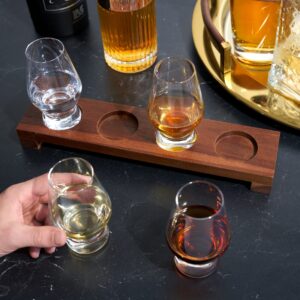 Viski Spirit Tasting Flight Kit, Crystal Liquor Glasses with Wooden Serving Tray for Whiskey, Brandy, Set of 4 8 oz. Footed Scotch Tumblers, 1 Board, Set of 5, Clear