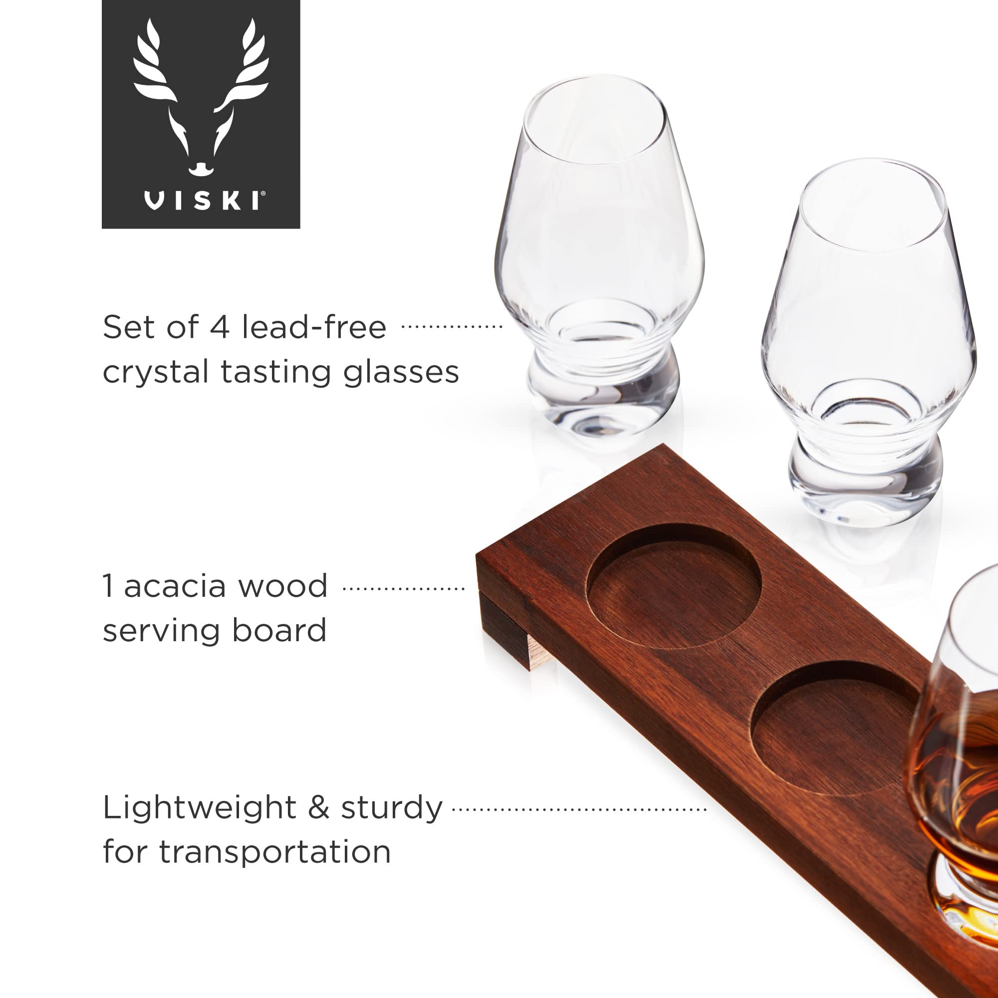 Viski Spirit Tasting Flight Kit, Crystal Liquor Glasses with Wooden Serving Tray for Whiskey, Brandy, Set of 4 8 oz. Footed Scotch Tumblers, 1 Board, Set of 5, Clear