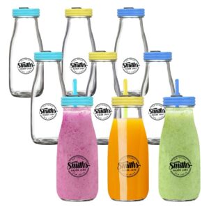 smiths mason jars set of 9 mini glass milk bottles 300ml splash proof lids and reusable drinking straws for kids | general use kids home