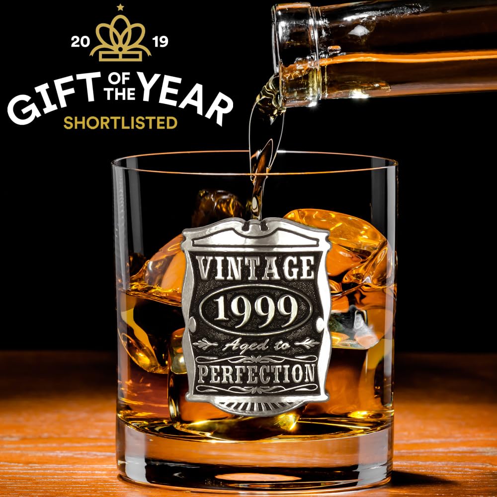 English Pewter Company Vintage Years 1999 25th Birthday or Anniversary Old Fashioned Whisky Rocks Glass Tumbler - Unique Gift Idea For Men [VIN005]