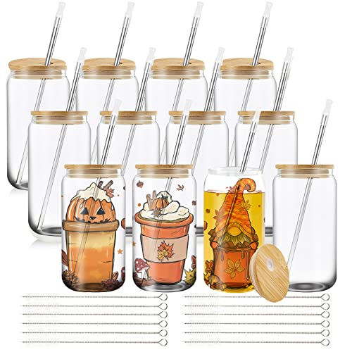 WindMage 12 packs 16 oz Clear Sublimation Glass Cans Blanks with Bamboo Lid, Stainless Straw, Brush, Silicone Tip, Reusable Drinking Beer Cans Iced Coffee Glasses Jar Tumbler Cups