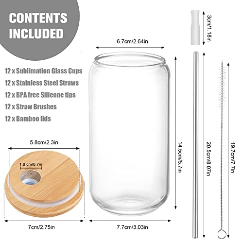 WindMage 12 packs 16 oz Clear Sublimation Glass Cans Blanks with Bamboo Lid, Stainless Straw, Brush, Silicone Tip, Reusable Drinking Beer Cans Iced Coffee Glasses Jar Tumbler Cups