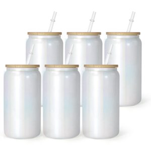 agh 6 pack sublimation blanks iridescent glass can tumbler bulk sparkling rainbow white 16 oz sublimation glass can with bamboo lid and straw for iced coffee, juice, soda, drinks