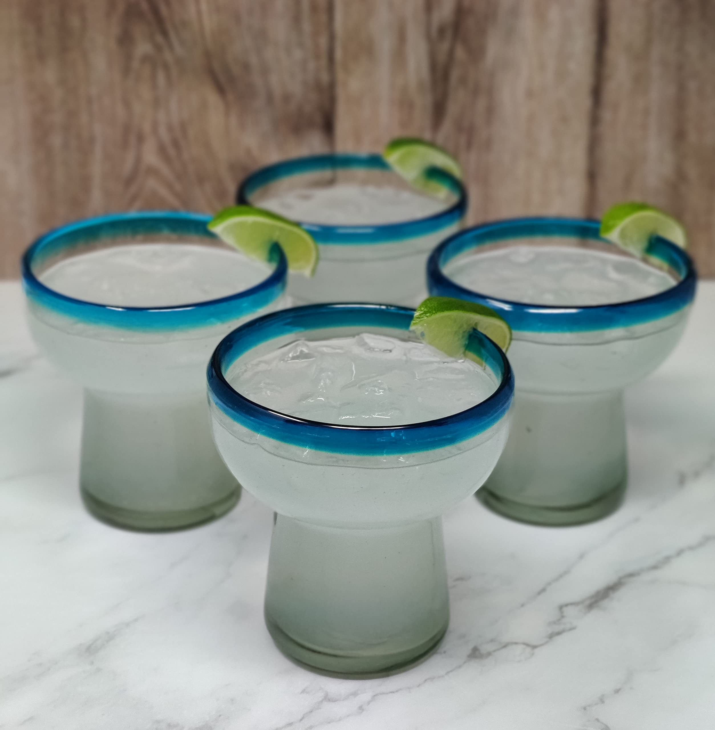 Dos Sueños Mexican Hand Blown Glass – Set of 4 Hand Blown Stemless Aqua Rim Margarita Glasses (14oz)