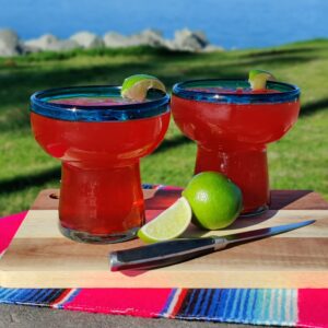 Dos Sueños Mexican Hand Blown Glass – Set of 4 Hand Blown Stemless Aqua Rim Margarita Glasses (14oz)