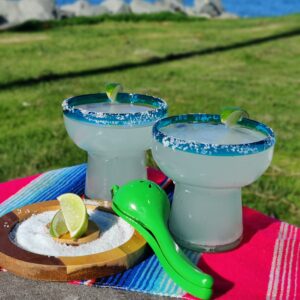 Dos Sueños Mexican Hand Blown Glass – Set of 4 Hand Blown Stemless Aqua Rim Margarita Glasses (14oz)