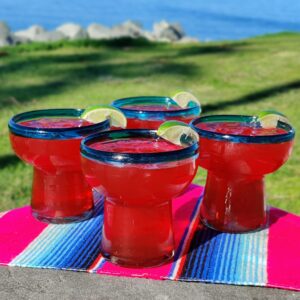 Dos Sueños Mexican Hand Blown Glass – Set of 4 Hand Blown Stemless Aqua Rim Margarita Glasses (14oz)