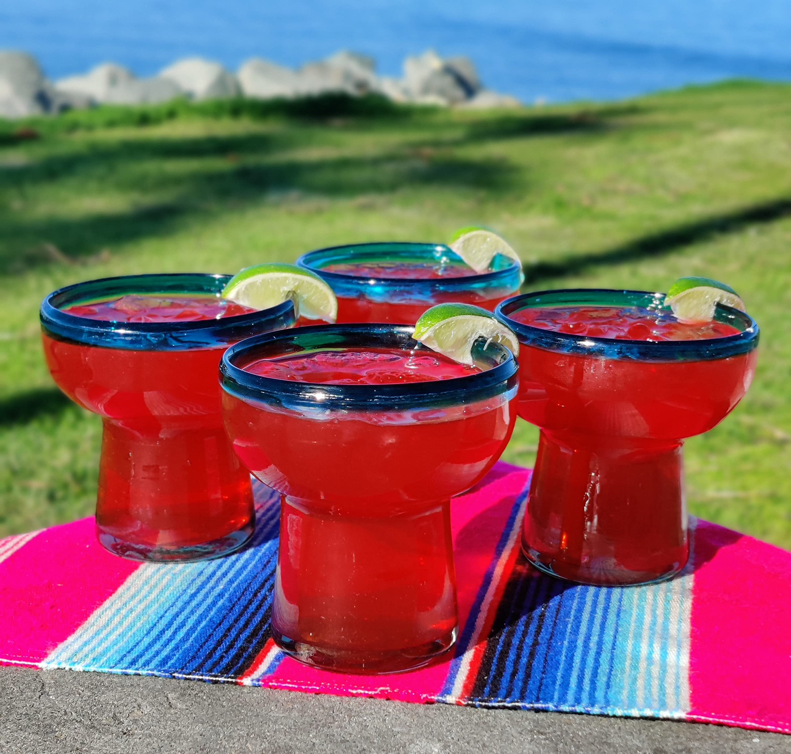 Dos Sueños Mexican Hand Blown Glass – Set of 4 Hand Blown Stemless Aqua Rim Margarita Glasses (14oz)