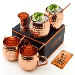 moscow mule cups set of 4 | 100% pure copper food safe 16oz copper cups with 4x copper straws and 1x copper jigger - premium moscow mule mugs