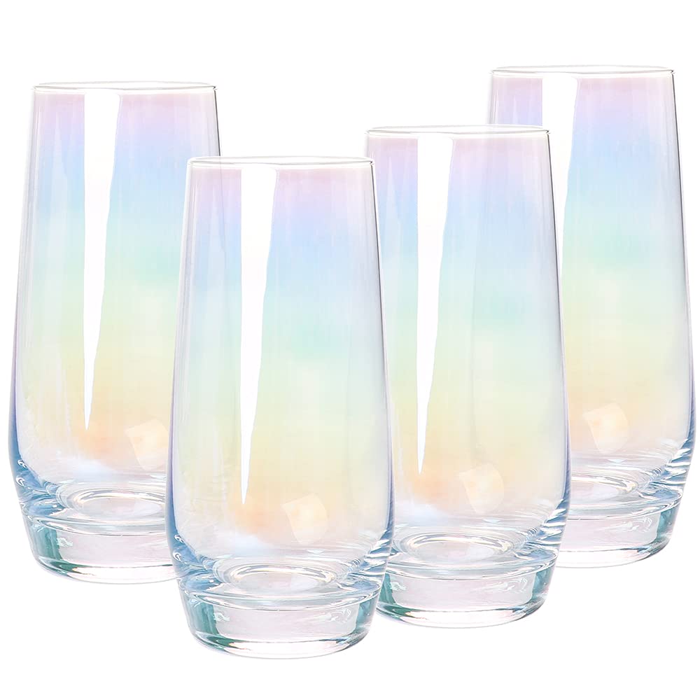 Swetwiny Colorful Highball Glasses, 18.5 Ounce Iridescent Glassware Set of 4 Lead-Free Crystal Glassware for Mixed Drinks, Juice, Cocktail, Gift Package (Colorful)