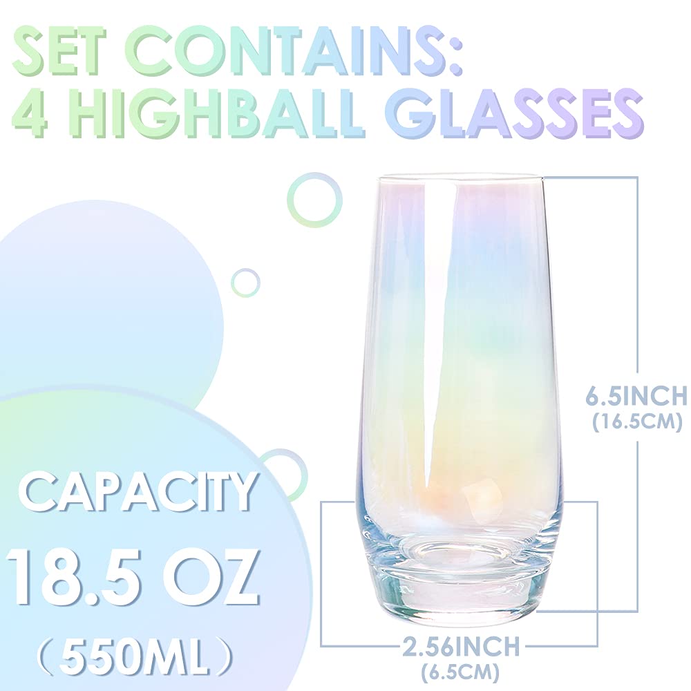 Swetwiny Colorful Highball Glasses, 18.5 Ounce Iridescent Glassware Set of 4 Lead-Free Crystal Glassware for Mixed Drinks, Juice, Cocktail, Gift Package (Colorful)