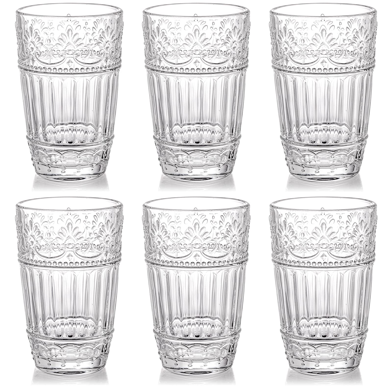 AVLA 6 Pack Romantic Water Glasses, 12 OZ Drinking Glasses Tumblers, Vintage Iced Coffee Glassware Set, Premium Bar Drinkware Cup for Beverages, Tea, Juice, Whiskey, Cocktail, Embossed Design