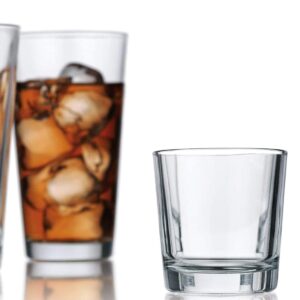 Clear Drinking Glasses Set of 16, Durable Heave Base Glass Cups, 8 Highball Cocktail Glasses, and 8 Rock DOF Whiskey Glasses - Beer Glasses Ideal for Water, Juice, Wine, and Everyday Cocktails