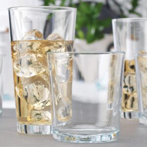 Clear Drinking Glasses Set of 16, Durable Heave Base Glass Cups, 8 Highball Cocktail Glasses, and 8 Rock DOF Whiskey Glasses - Beer Glasses Ideal for Water, Juice, Wine, and Everyday Cocktails