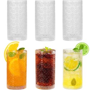 vintage glassware highball drinking glasses - 13 oz cocktail glasses set of 6 floral glass cups embossed cocktail juice water coffee cups - lead-free & dishwasher safe - ideal gifts