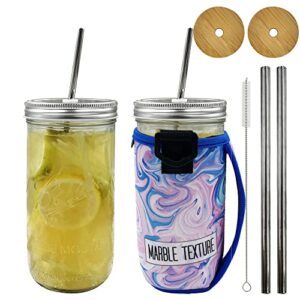bexbchh 2 pack wide mouth mason jar cups with sleeves,24oz wide mouth mason jars drinking glasses tumbler, reusable bubble cups travel bottle for iced coffee large pearl juices cocktail(blue marble)