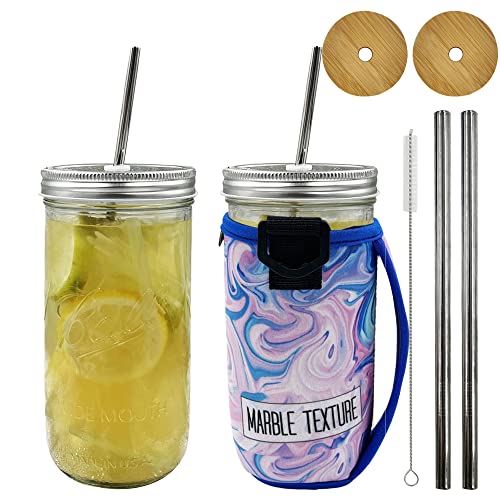 Bexbchh 2 Pack Wide Mouth Mason Jar Cups with sleeves,24oz Wide Mouth Mason Jars Drinking Glasses Tumbler, Reusable Bubble Cups Travel Bottle for Iced Coffee Large Pearl Juices Cocktail(Blue Marble)