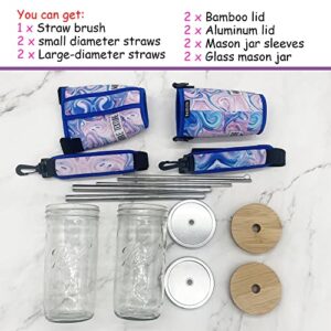 Bexbchh 2 Pack Wide Mouth Mason Jar Cups with sleeves,24oz Wide Mouth Mason Jars Drinking Glasses Tumbler, Reusable Bubble Cups Travel Bottle for Iced Coffee Large Pearl Juices Cocktail(Blue Marble)