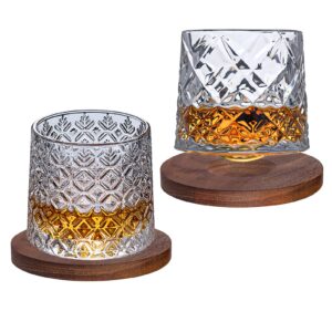 spinning crystal whiskey glasses 10.8 oz set of 2, big size rotatable drinking bourbon glasses with coasters, stress & anxiety relief tumbler for scotch , cocktails, coffee , father's day gift