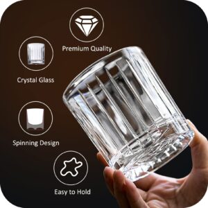 WISIKYER Whiskey Glasses, 9oz, Spinning Bourbon Glass with Ice Ball Mold in Gift Box - Old Fashioned Rocks Glasses for Scotch Cocktail Rum Vodka Liquor