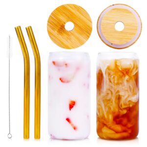 vikeyhome 2 pack drinking glasses, can-shaped glass cups with bamboo lids and gold stainless steel straws, 16 oz beer glasses, iced coffee glasses, cute tumbler for jam, juices and cocktail