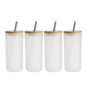 pyd life sublimation glass blanks mason jar tumblers cans frosted 24 oz with bamboo lid and stainless steel straw,wide mouth tumbler cups jar for tumbler heat press 4 pack