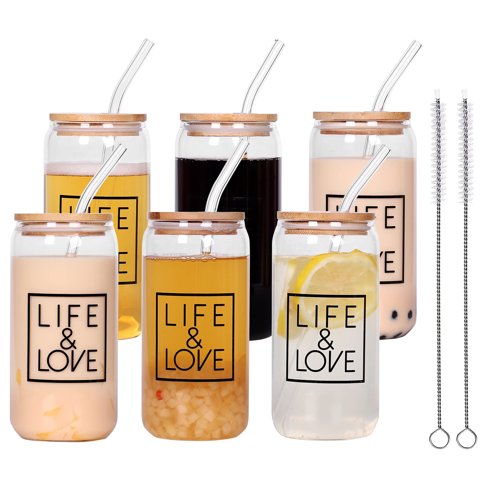 Tzerotone Drinking Jars with Bamboo Lids and Straws, 16 OZ Iced Coffee Cups with Lids, Cute Beer Can Shaped Glass Cups with Glass Straws for Bars, Party