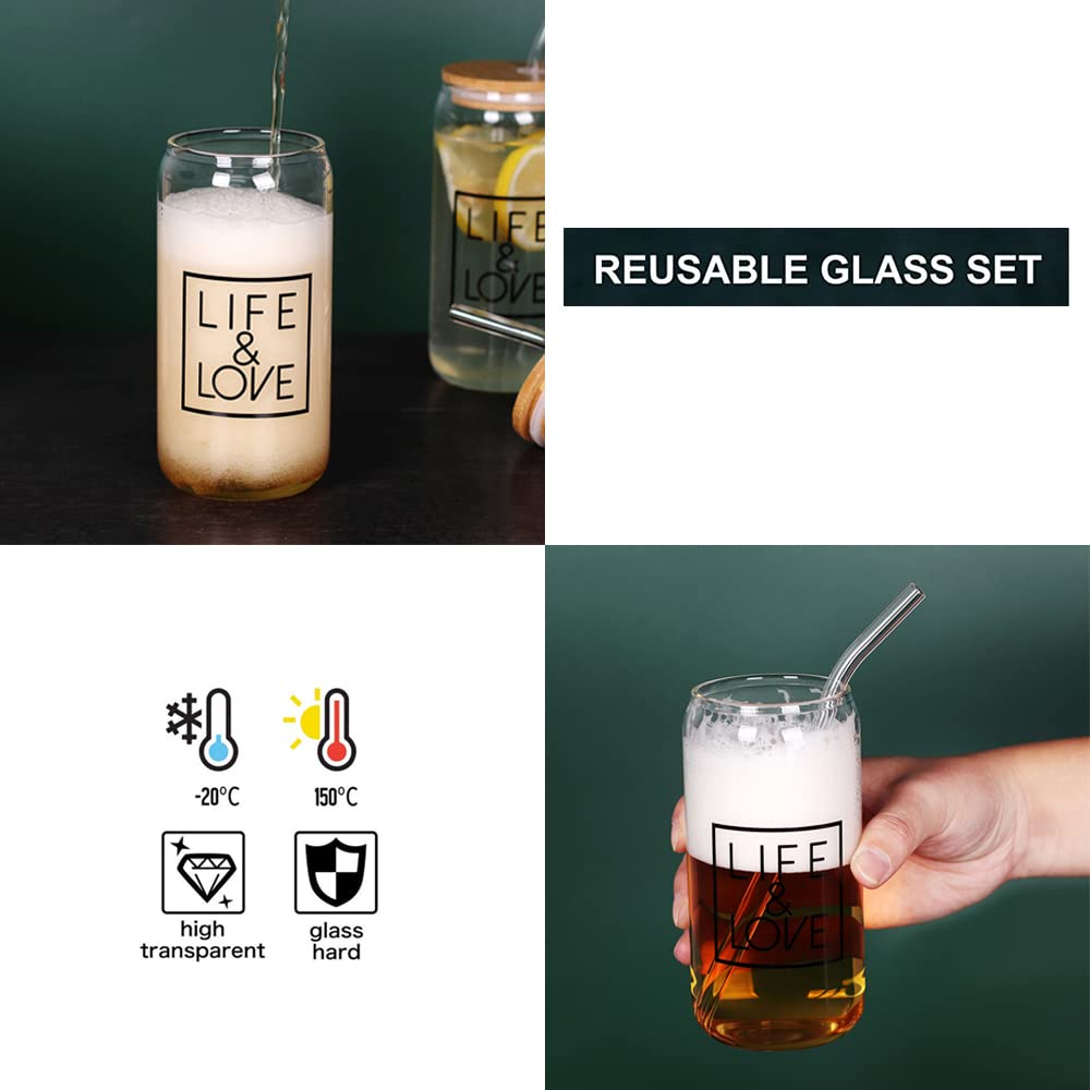 Tzerotone Drinking Jars with Bamboo Lids and Straws, 16 OZ Iced Coffee Cups with Lids, Cute Beer Can Shaped Glass Cups with Glass Straws for Bars, Party